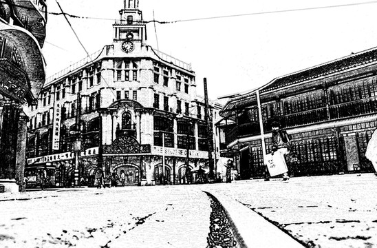 老上海南京路街景炭筆畫