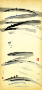 水墨畫江景