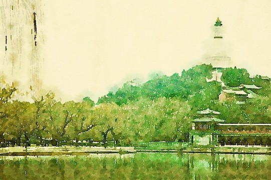 北海公園 水彩畫
