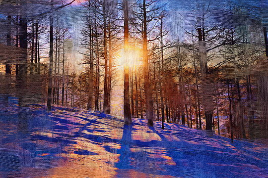 電腦油畫 雪林夕照