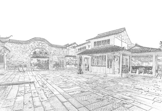 江南古鎮(zhèn)線描 TIF（未分層）