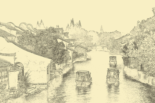 江南古鎮(zhèn)線描 TIF（未分層）