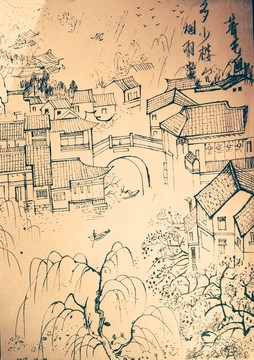 復(fù)古山水中國(guó)畫白描風(fēng)景