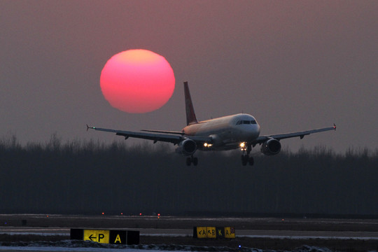 夕陽下降落的飛機