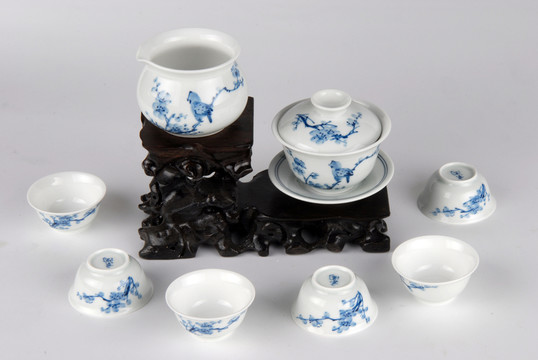 水墨花鳥茶杯茶碗一套