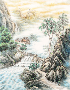 山村晨霧 山水畫 國畫