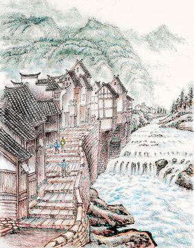 山鄉(xiāng)古鎮(zhèn) 記憶家鄉(xiāng) 山河 國畫