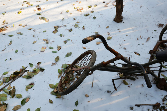 雪地里的廢棄老式自行車(chē)