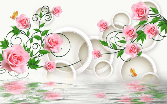 3D立體玫瑰倒影背景墻裝飾畫(huà)
