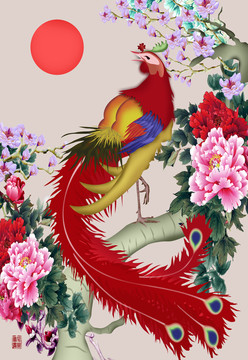 手繪鳳凰玄關(guān)背景墻裝飾畫