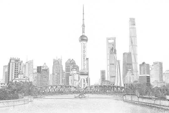 上海風(fēng)光全景線描 （未分層）