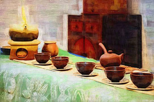 油畫 茶具
