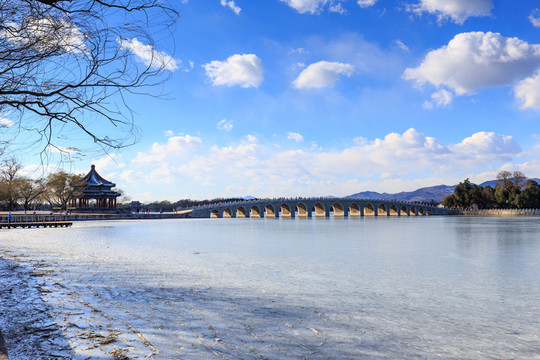 北京頤和園冬天十七孔橋廓如亭