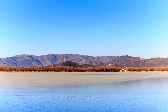 頤和園冬天昆明湖冰面玉峰塔