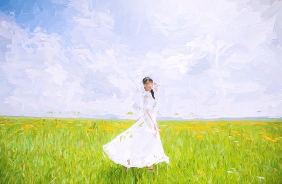 裝飾畫(huà)草原白衣少女