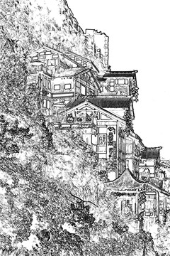 洪崖洞依山建筑白描