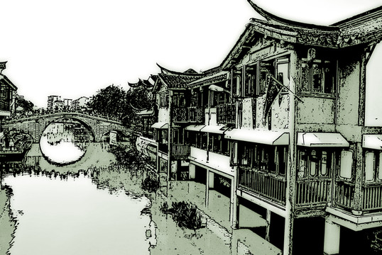 江南古鎮(zhèn) 古鎮(zhèn)水墨 古鎮(zhèn)線描
