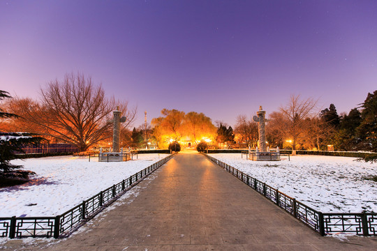北京大學(xué)西校門華表雪景夜景