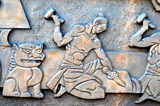 古代工匠和神獸雕塑