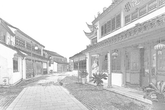江南古鎮(zhèn)線描