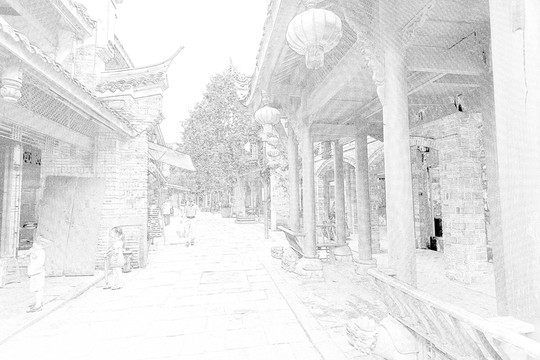 四川古鎮(zhèn)線描