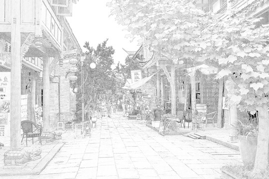 四川古鎮(zhèn)線描