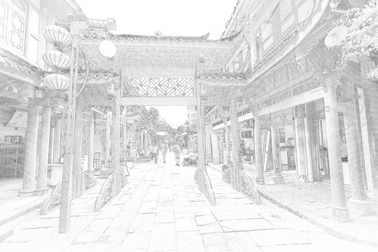 四川古鎮(zhèn)線描