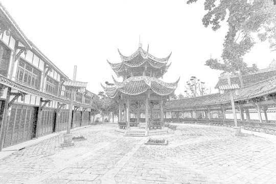 四川古鎮(zhèn)線描