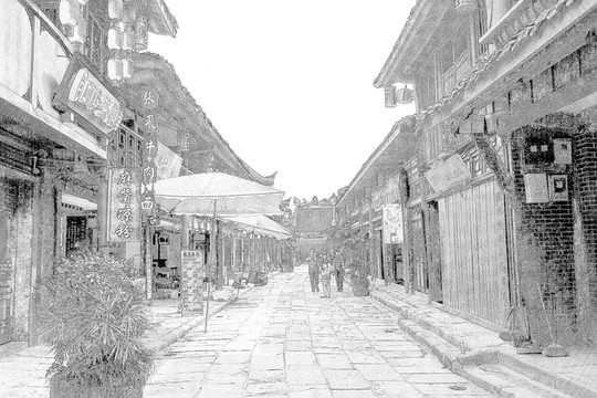 四川古鎮(zhèn)線描