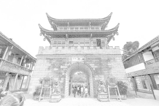 四川古鎮(zhèn)線描