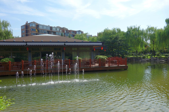 園林景觀 噴泉 湖 柳樹