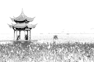 杭州西湖風(fēng)光線描 未分層
