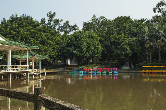 藍(lán)天白云下的園林景觀湖泊風(fēng)光