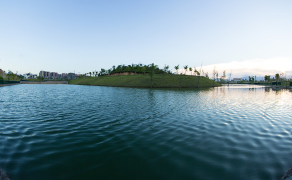 夕陽 湖畔 公園