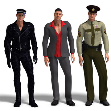 三種不同的服裝：騎車；dressman；警察