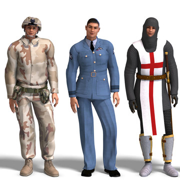 三種不同的服裝：戰(zhàn)士；空軍；Knight