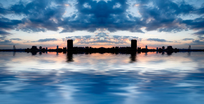 全景城市夜與河流