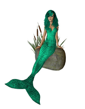 綠色的美人魚坐在巖石上