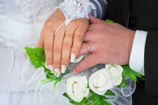 新婚夫婦手中的結(jié)婚戒指