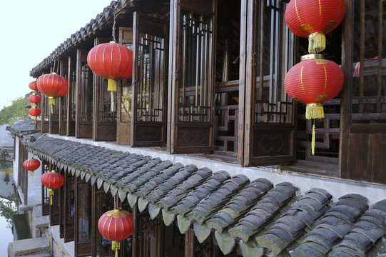 房子與紅lampions周莊古鎮(zhèn)