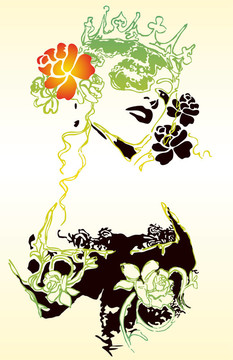 花式女人與花卉插圖