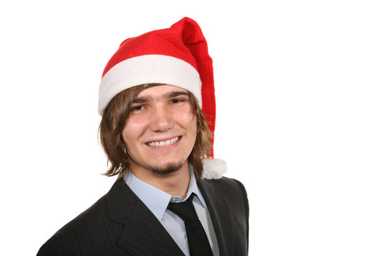 穿著紅色和白色帽子的家伙在Santa