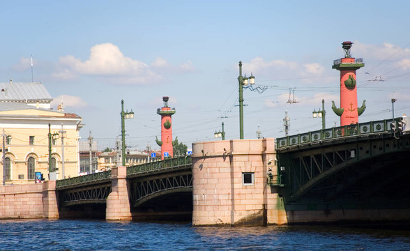 在圣彼得堡故宫桥和喙柱观；俄罗斯