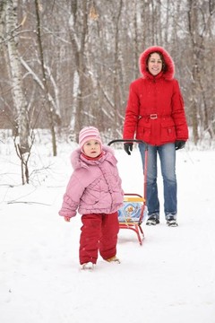 孩子在冬天的雪橇和母親在公園2