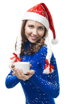 婦女在新年服裝在她的肩膀上