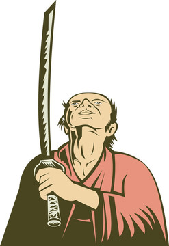 日本武士抬頭抱劍