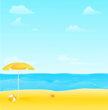 海灘帶傘；球和海星插圖