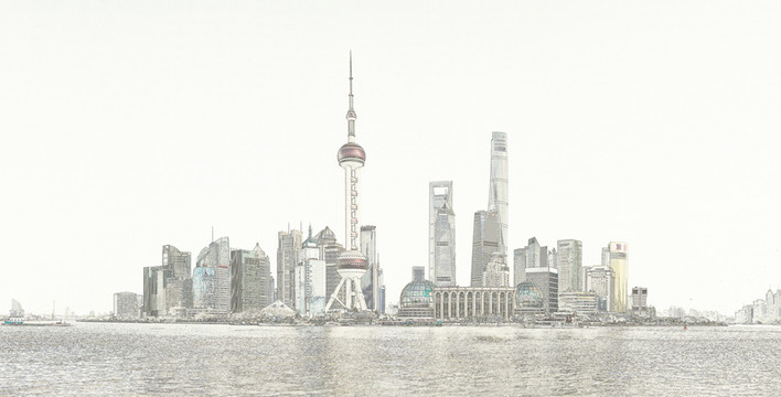 上海外灘全景線描 大畫幅