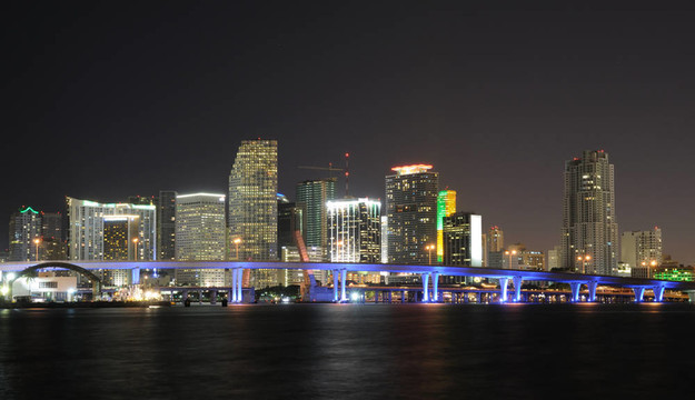 夜晚的邁阿密市中心天際線。佛羅里達(dá)州；美國