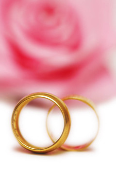 兩個結婚戒指和粉紅色的玫瑰在后臺
